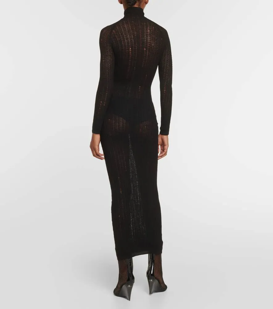 ALAÏA distressed wool blend midi dress, black