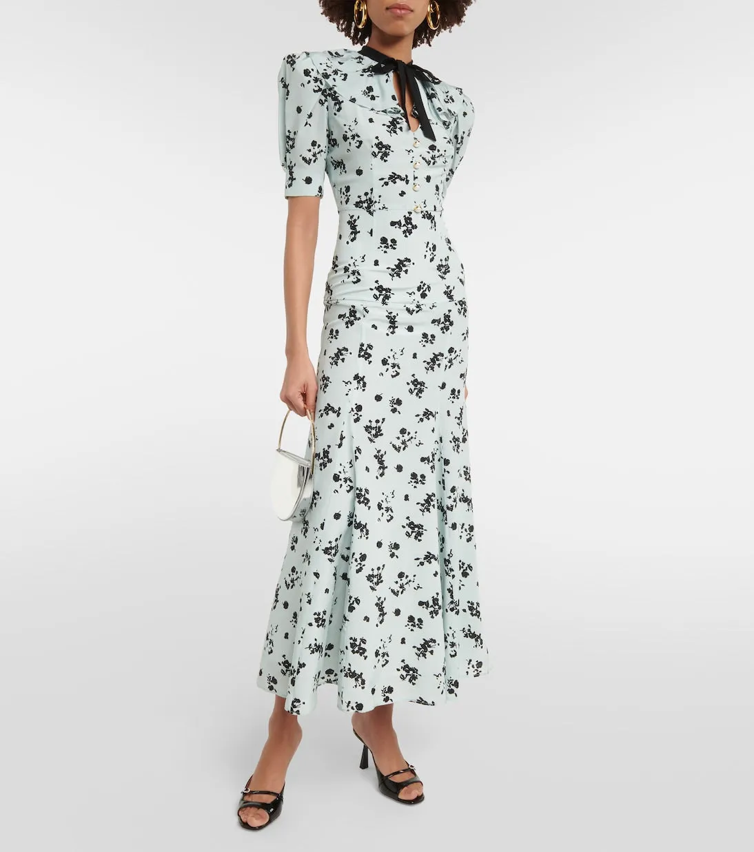 Alessandra Rich Floral Silk Maxi Dress with Puff Sleeves multicolor