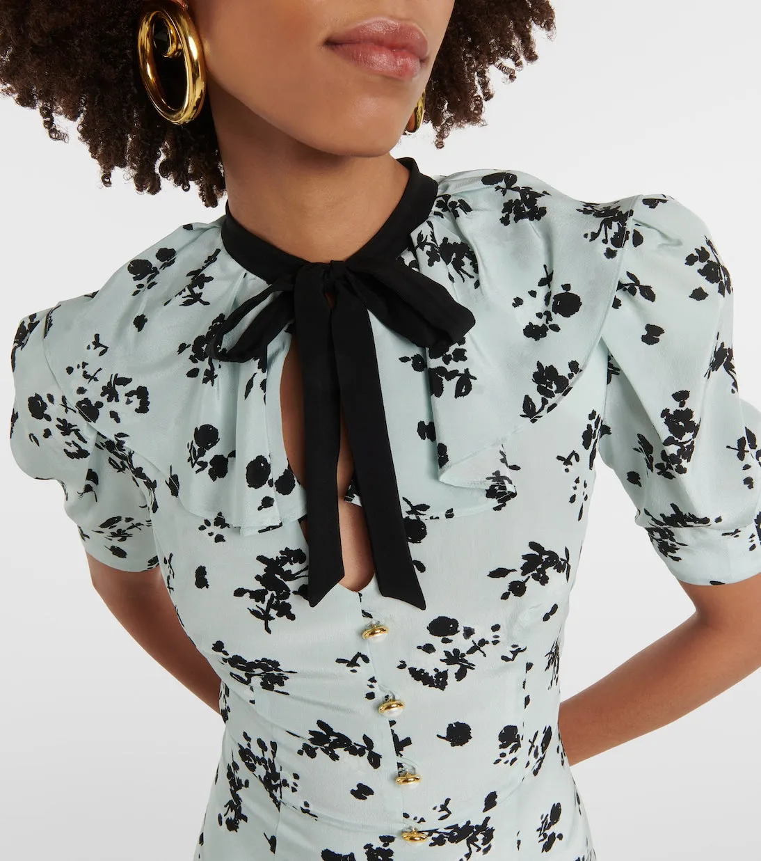 Alessandra Rich Floral Silk Maxi Dress with Puff Sleeves multicolor