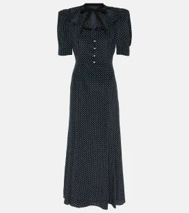 Alessandra Rich silk polka dot maxi dress with puff sleeves, multicolor