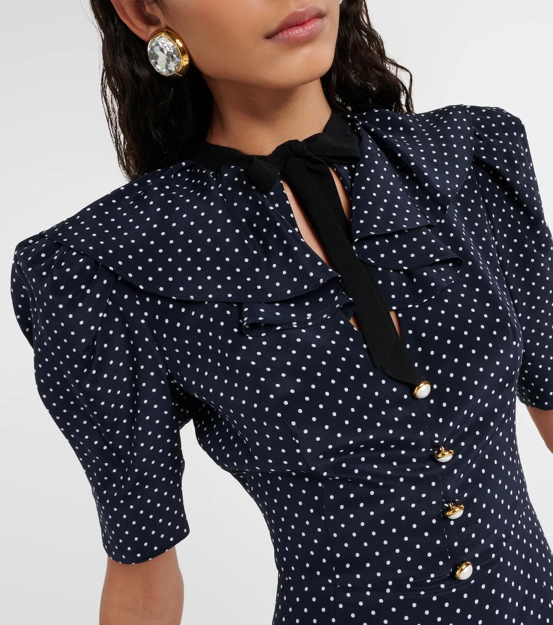 Alessandra Rich silk polka dot maxi dress with puff sleeves, multicolor