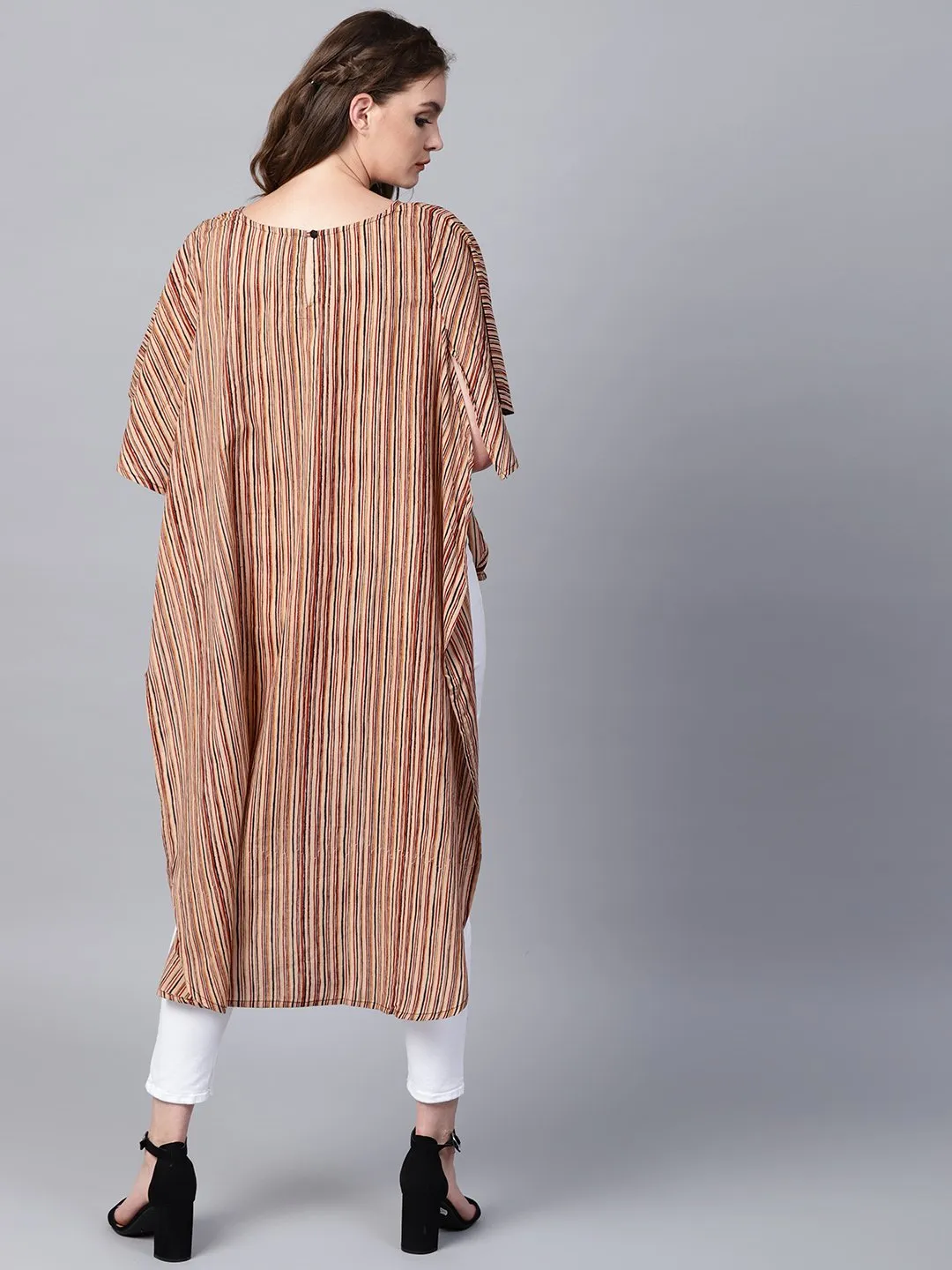 Beige Striped Half Sleeve Low High Cotton Tunics