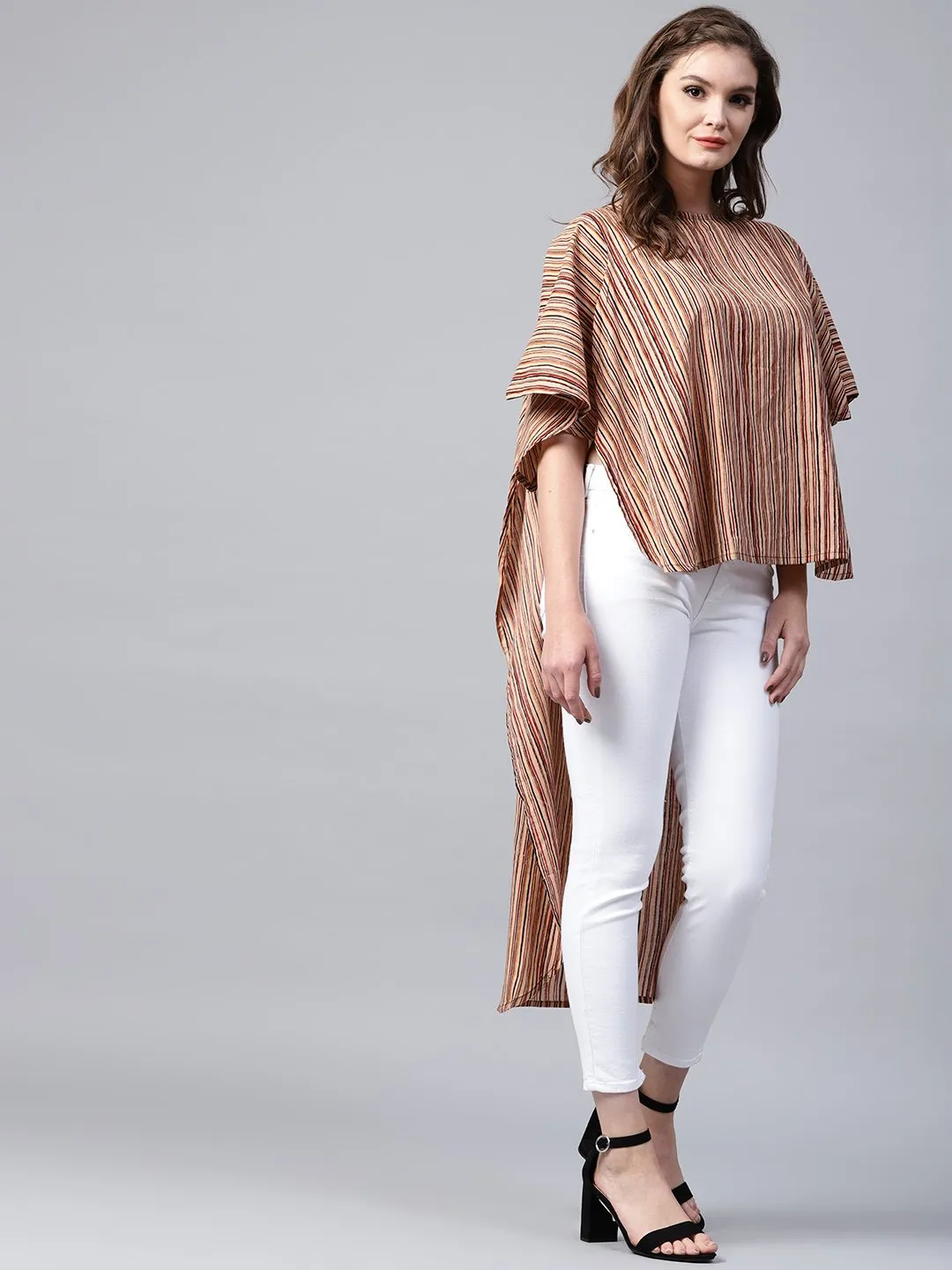 Beige Striped Half Sleeve Low High Cotton Tunics