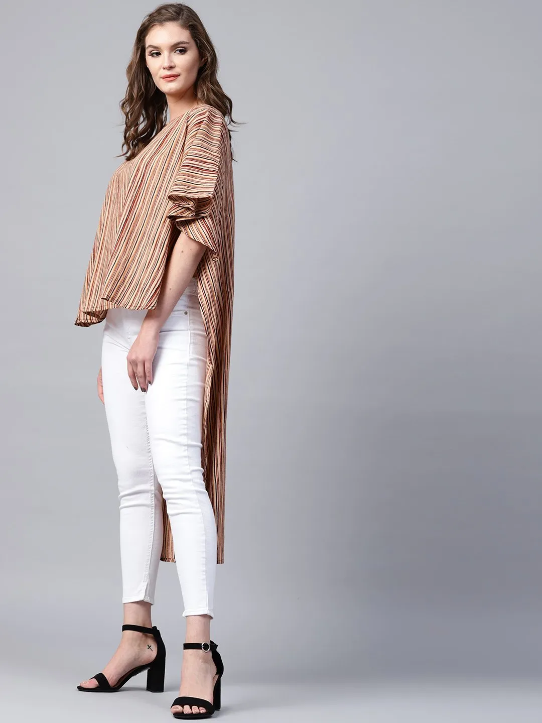 Beige Striped Half Sleeve Low High Cotton Tunics