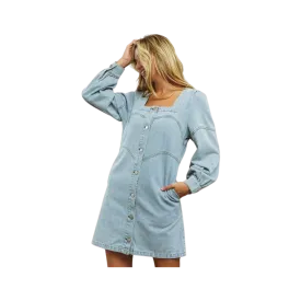 Bibi Women's Square Neck Button Front Washed Denim Dress