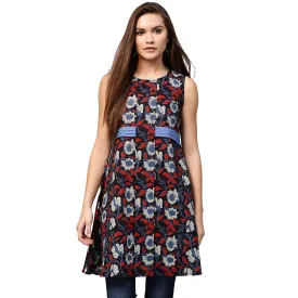Black Printed Sleeveless Cotton Flared Tunics