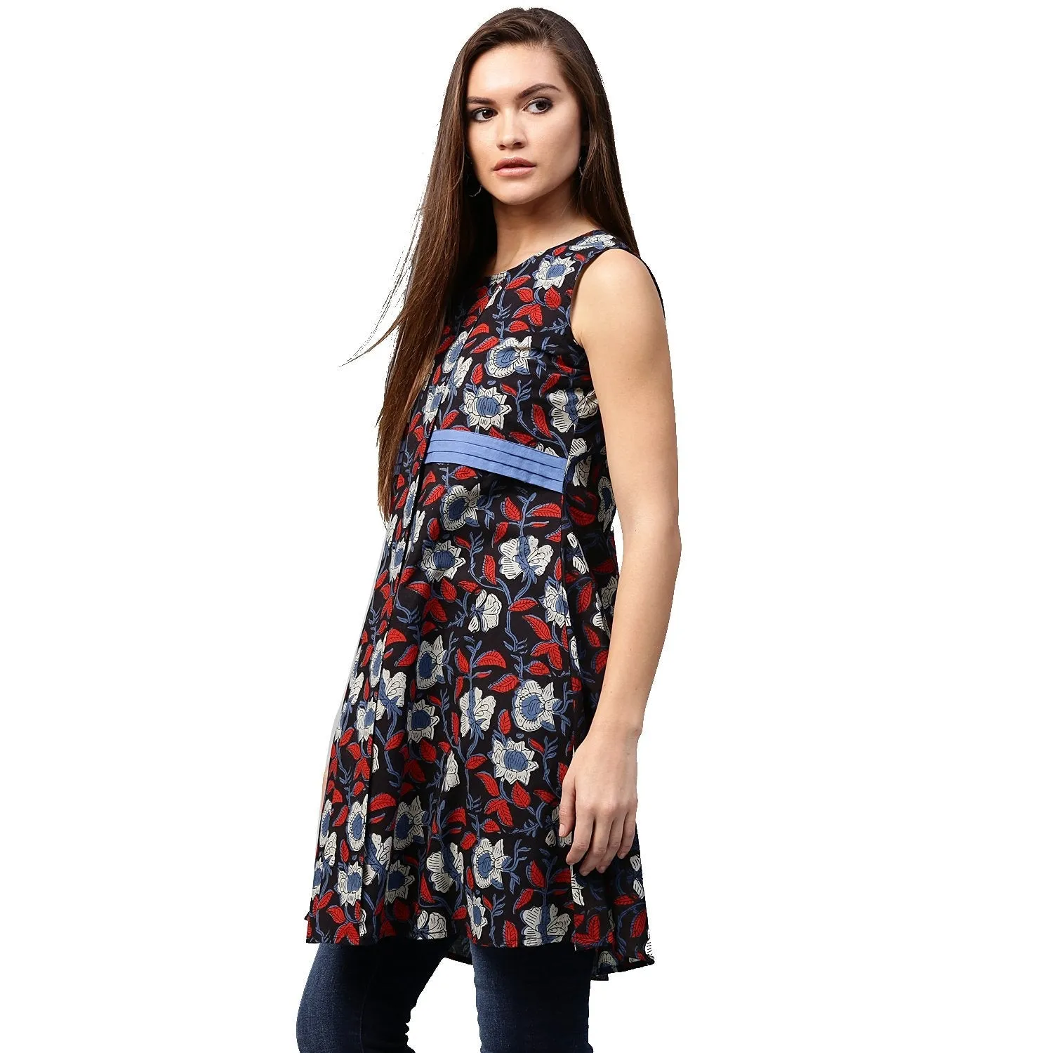 Black Printed Sleeveless Cotton Flared Tunics