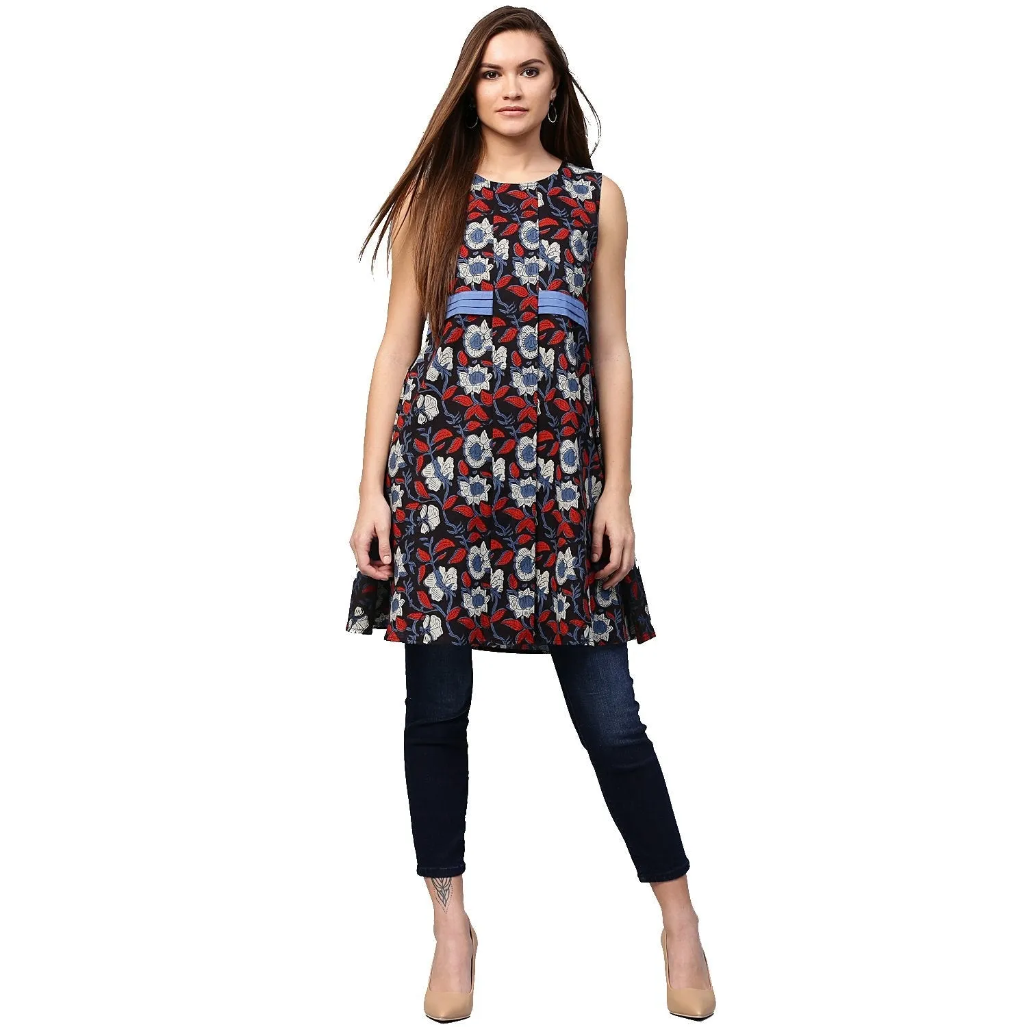 Black Printed Sleeveless Cotton Flared Tunics
