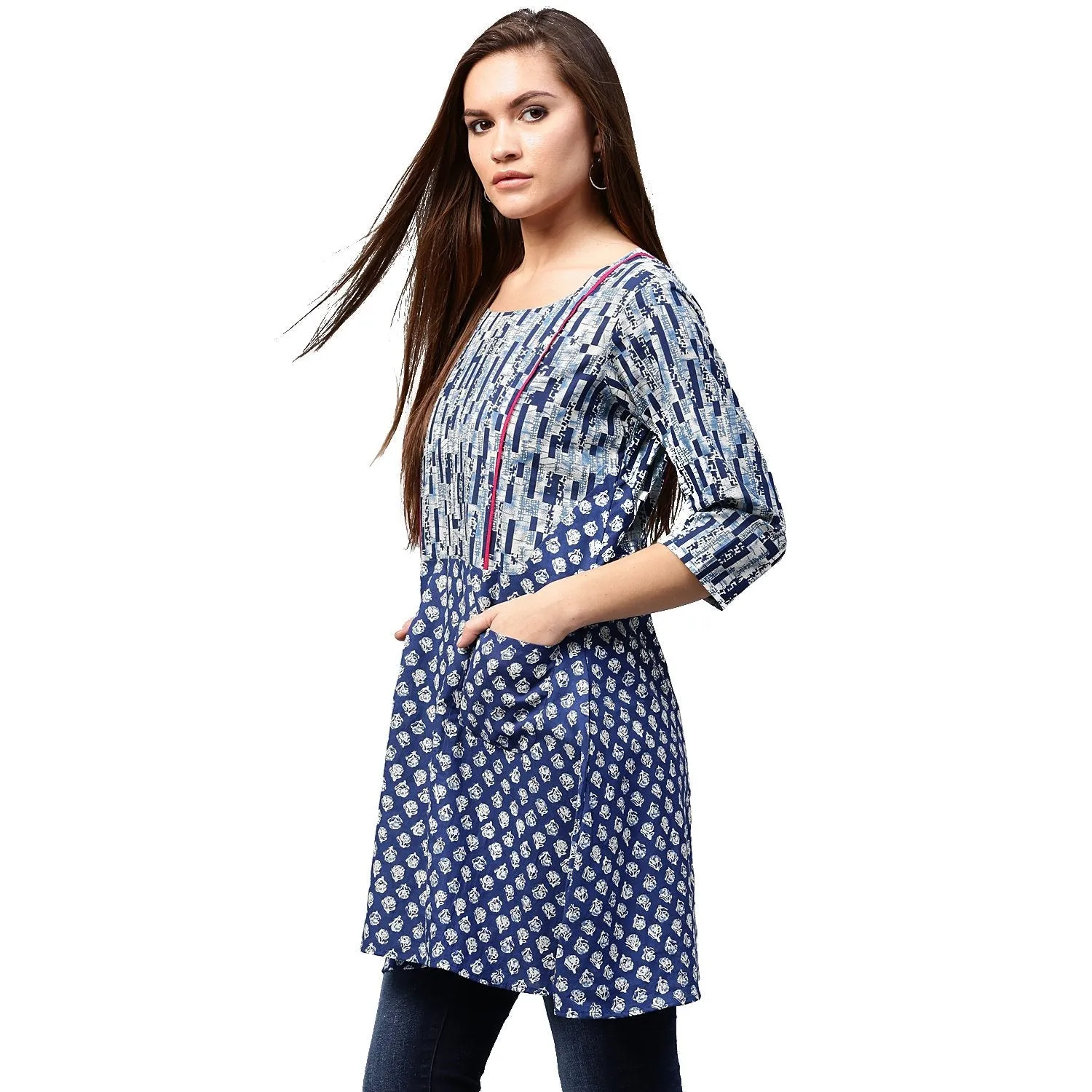 Blue Printed 3/4Th Sleeve Cotton A-Line Tunics