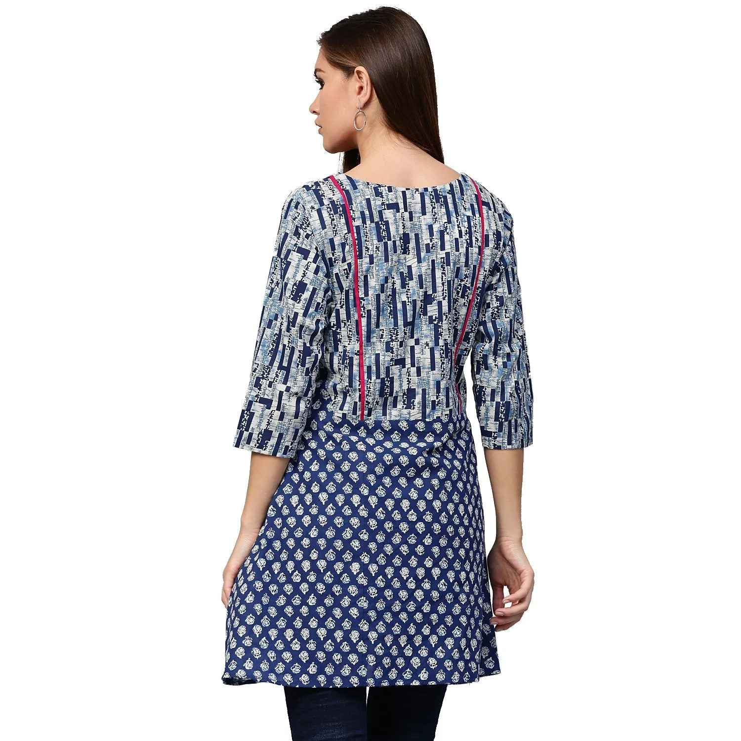 Blue Printed 3/4Th Sleeve Cotton A-Line Tunics