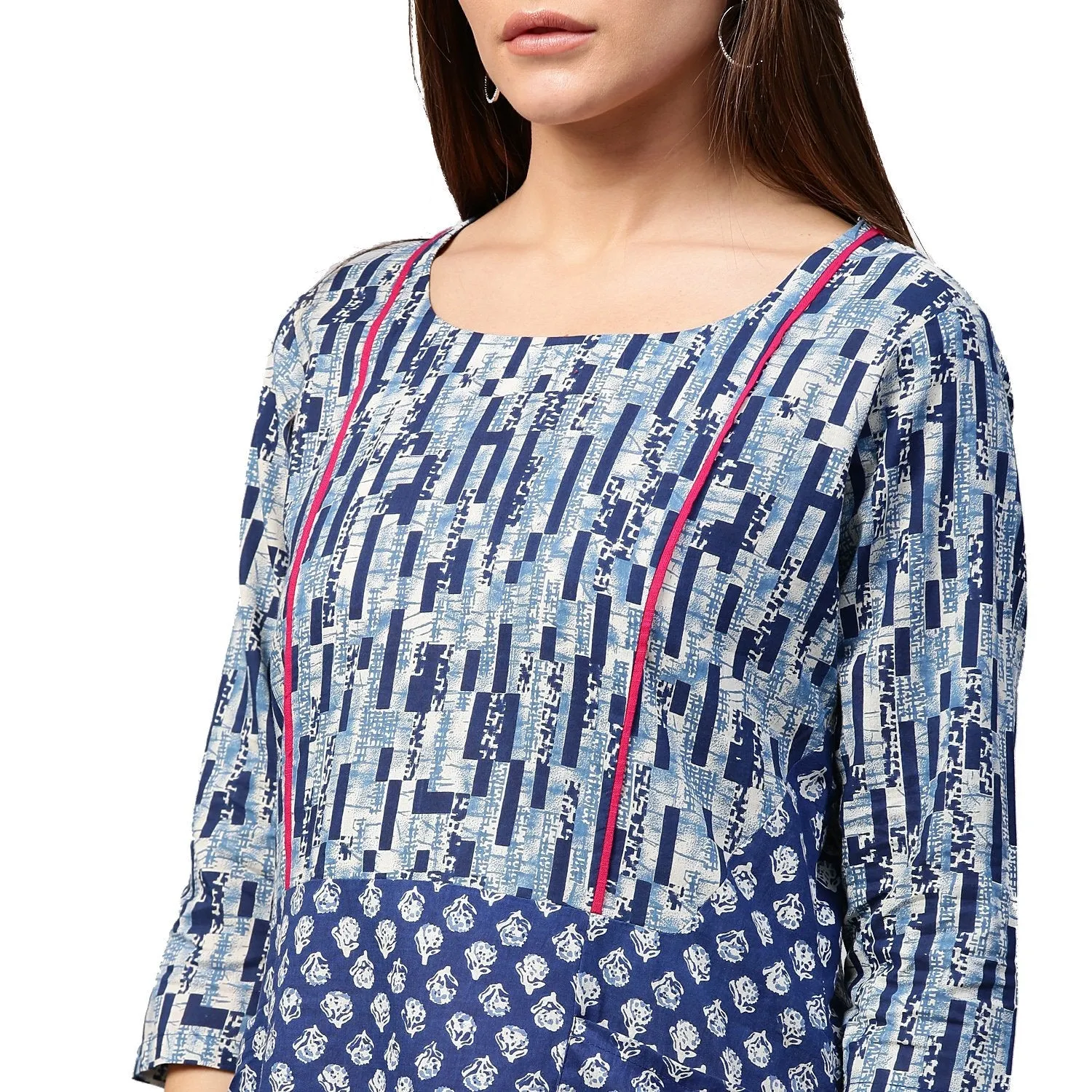 Blue Printed 3/4Th Sleeve Cotton A-Line Tunics
