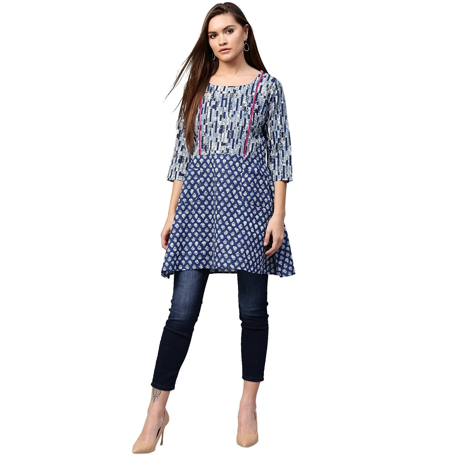 Blue Printed 3/4Th Sleeve Cotton A-Line Tunics