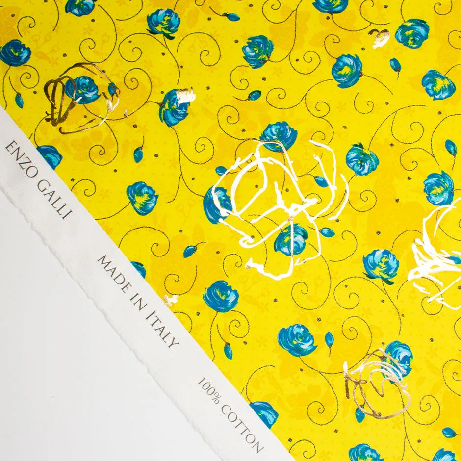 Canary Yellow Floral Printed Laminated Cotton