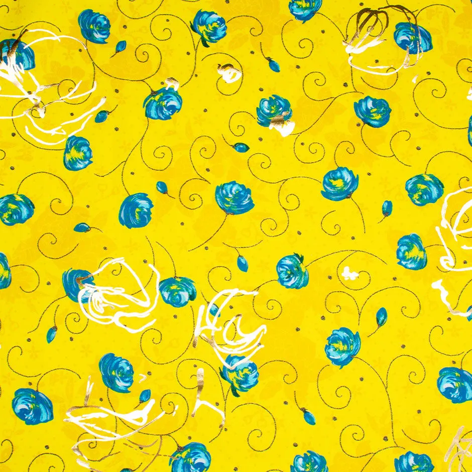 Canary Yellow Floral Printed Laminated Cotton