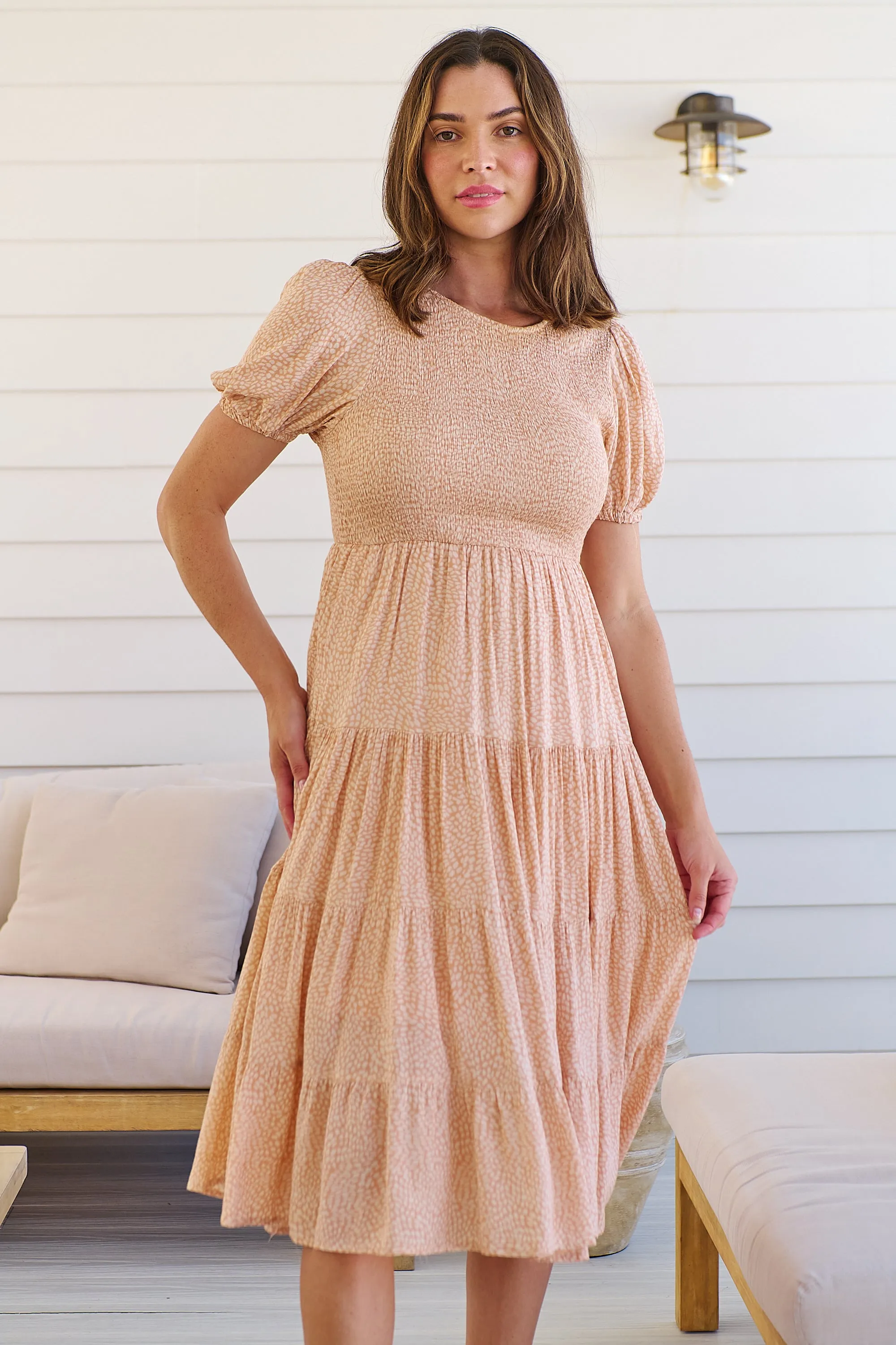 Caroline Peach Speckled Print Shirred Tiered Dress