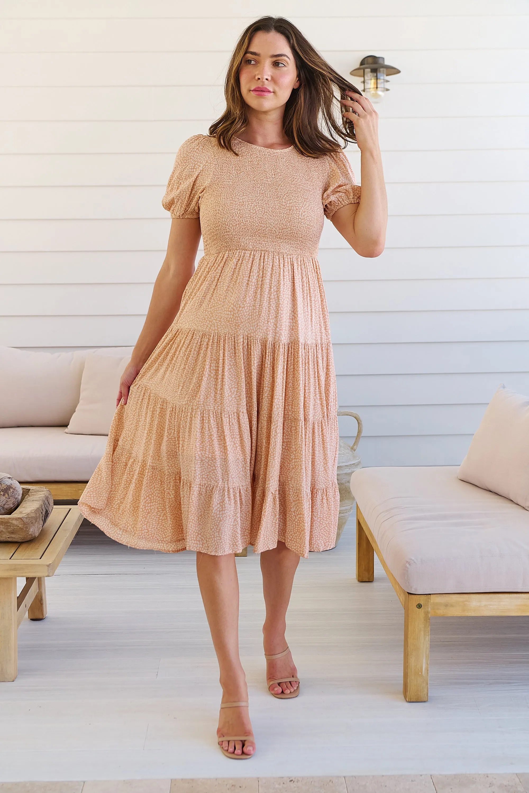 Caroline Peach Speckled Print Shirred Tiered Dress
