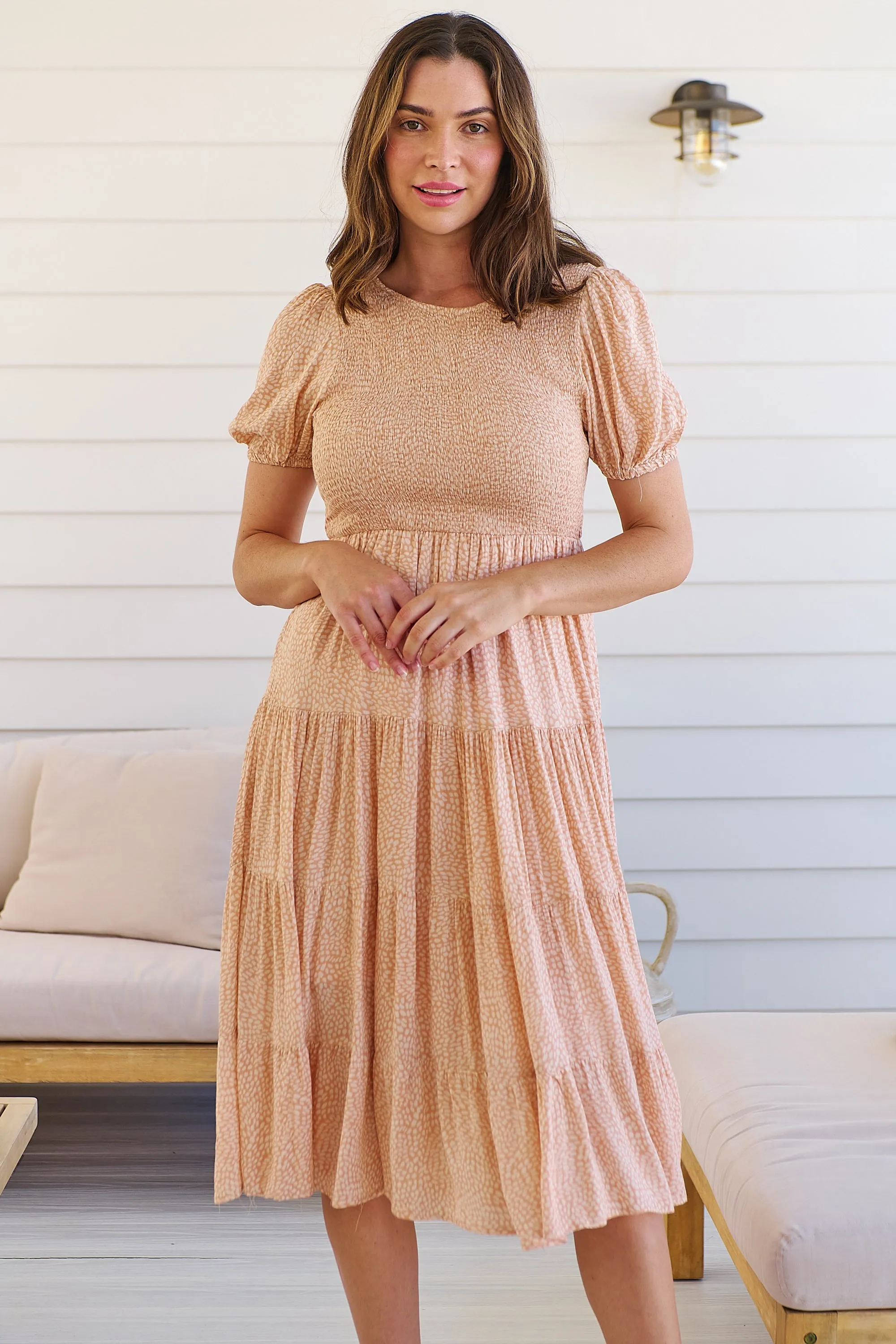 Caroline Peach Speckled Print Shirred Tiered Dress