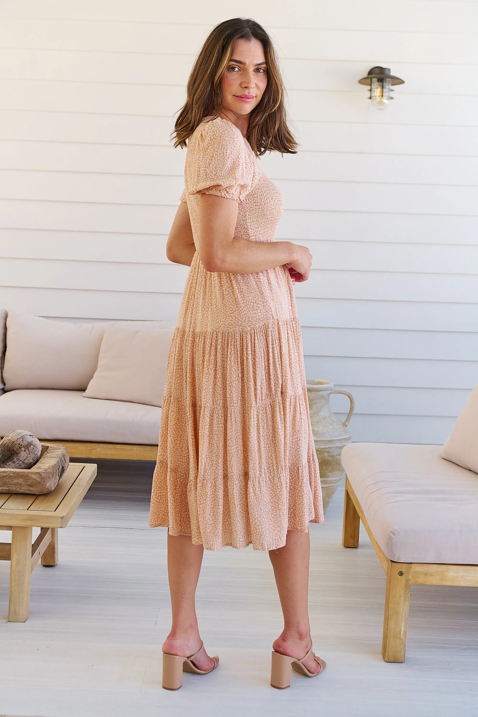 Caroline Peach Speckled Print Shirred Tiered Dress