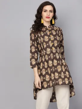 Chocolate Brown Printed Tunic With Madarin Collar And 3/4 Sleeves