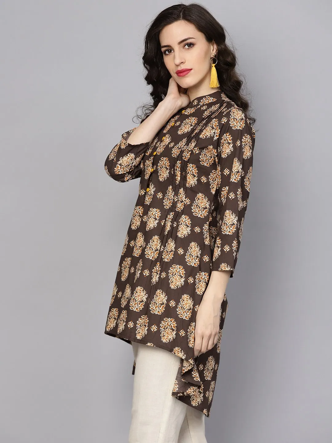 Chocolate Brown Printed Tunic With Madarin Collar And 3/4 Sleeves