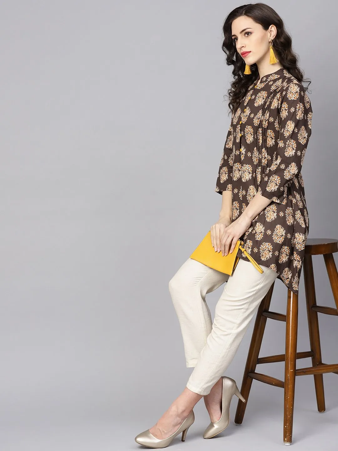 Chocolate Brown Printed Tunic With Madarin Collar And 3/4 Sleeves