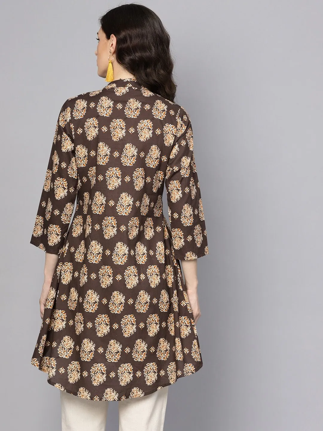 Chocolate Brown Printed Tunic With Madarin Collar And 3/4 Sleeves