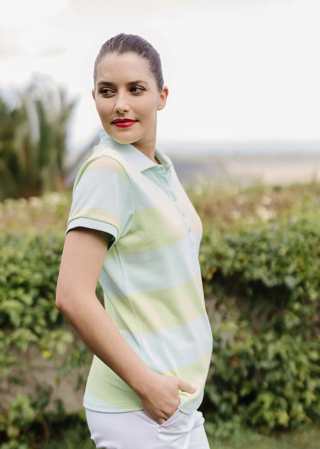 Cotton Striped Fitted Polo Aqua/Lime
