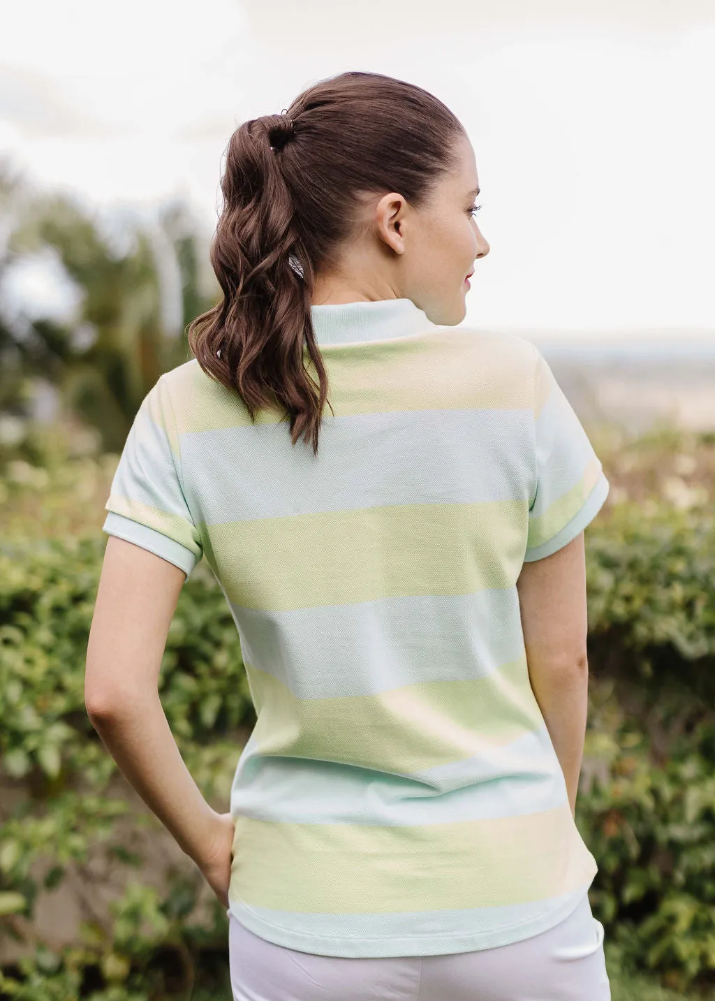 Cotton Striped Fitted Polo Aqua/Lime