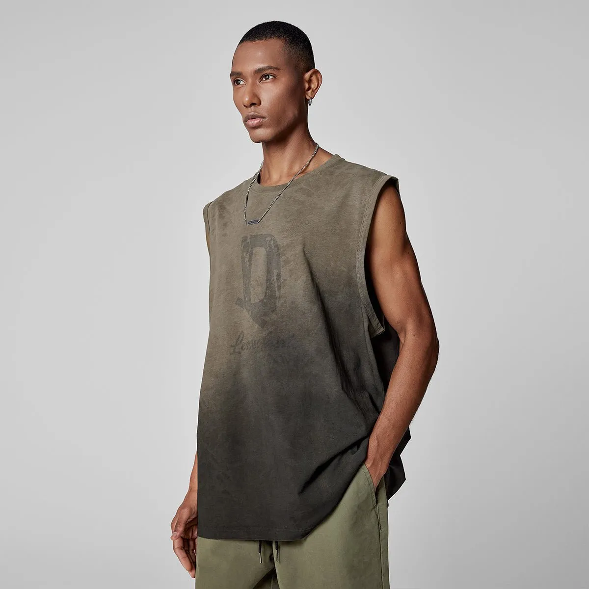 D-letter Printed Irregular Batik-dyed Gradient Khaki Tank Top