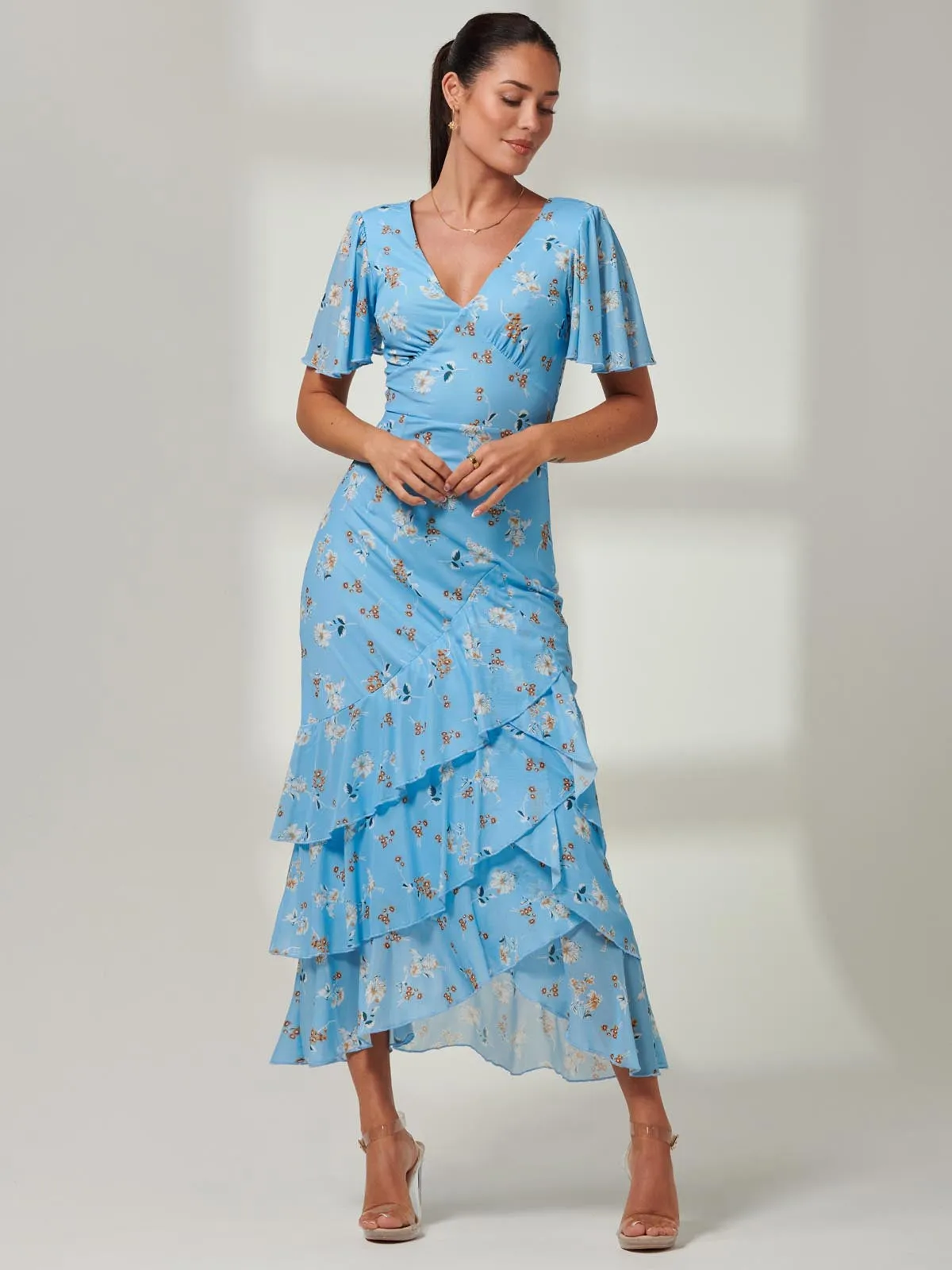 Daleysa Frill Hem Mesh Maxi Dress, Blue Floral