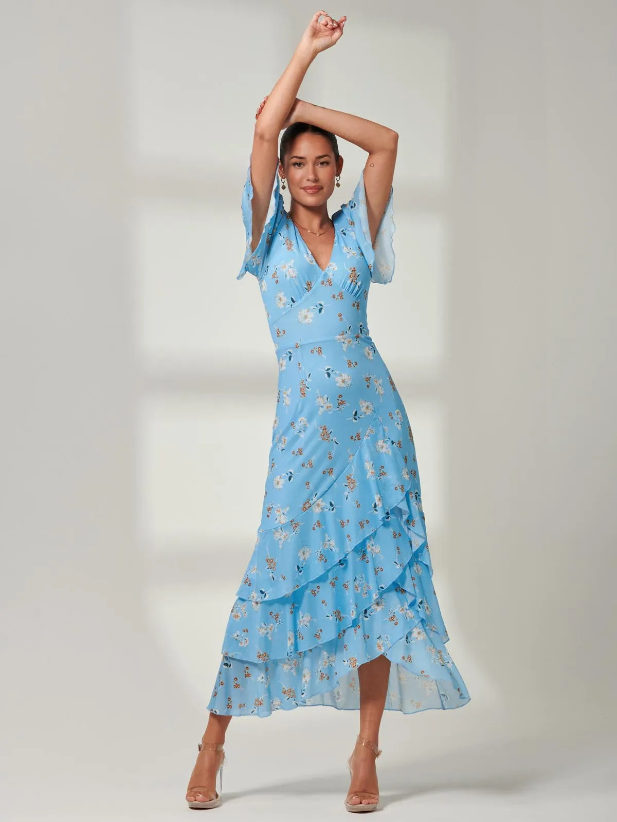 Daleysa Frill Hem Mesh Maxi Dress, Blue Floral