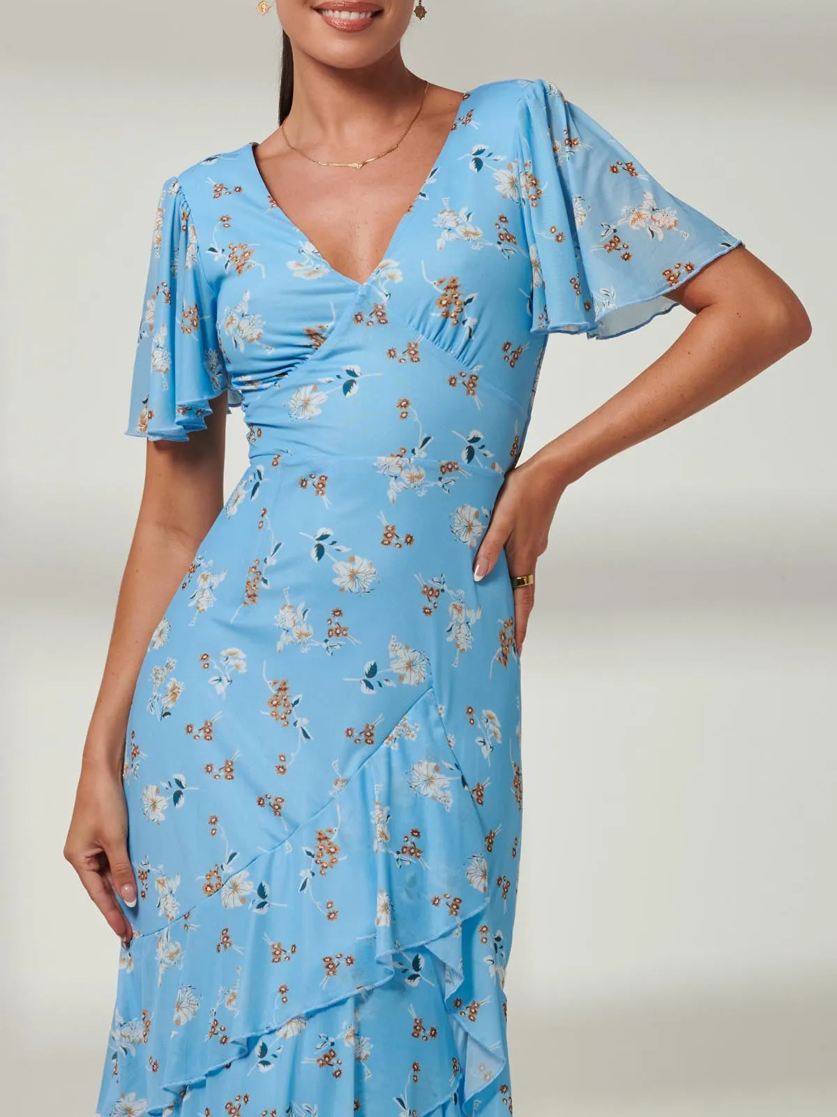Daleysa Frill Hem Mesh Maxi Dress, Blue Floral