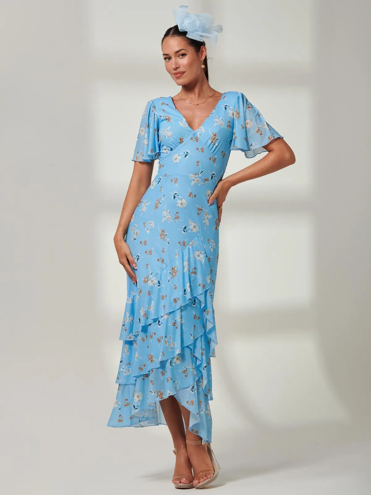 Daleysa Frill Hem Mesh Maxi Dress, Blue Floral
