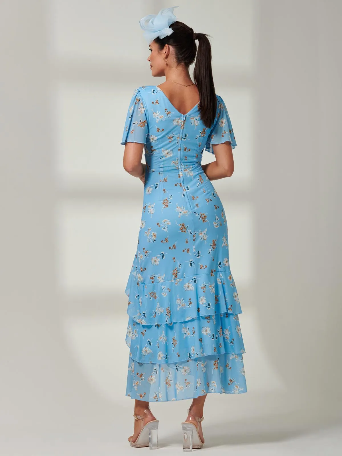 Daleysa Frill Hem Mesh Maxi Dress, Blue Floral