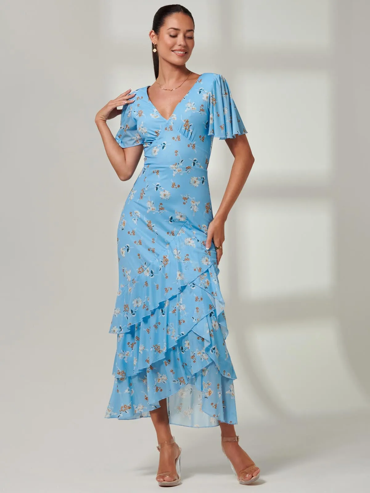 Daleysa Frill Hem Mesh Maxi Dress, Blue Floral