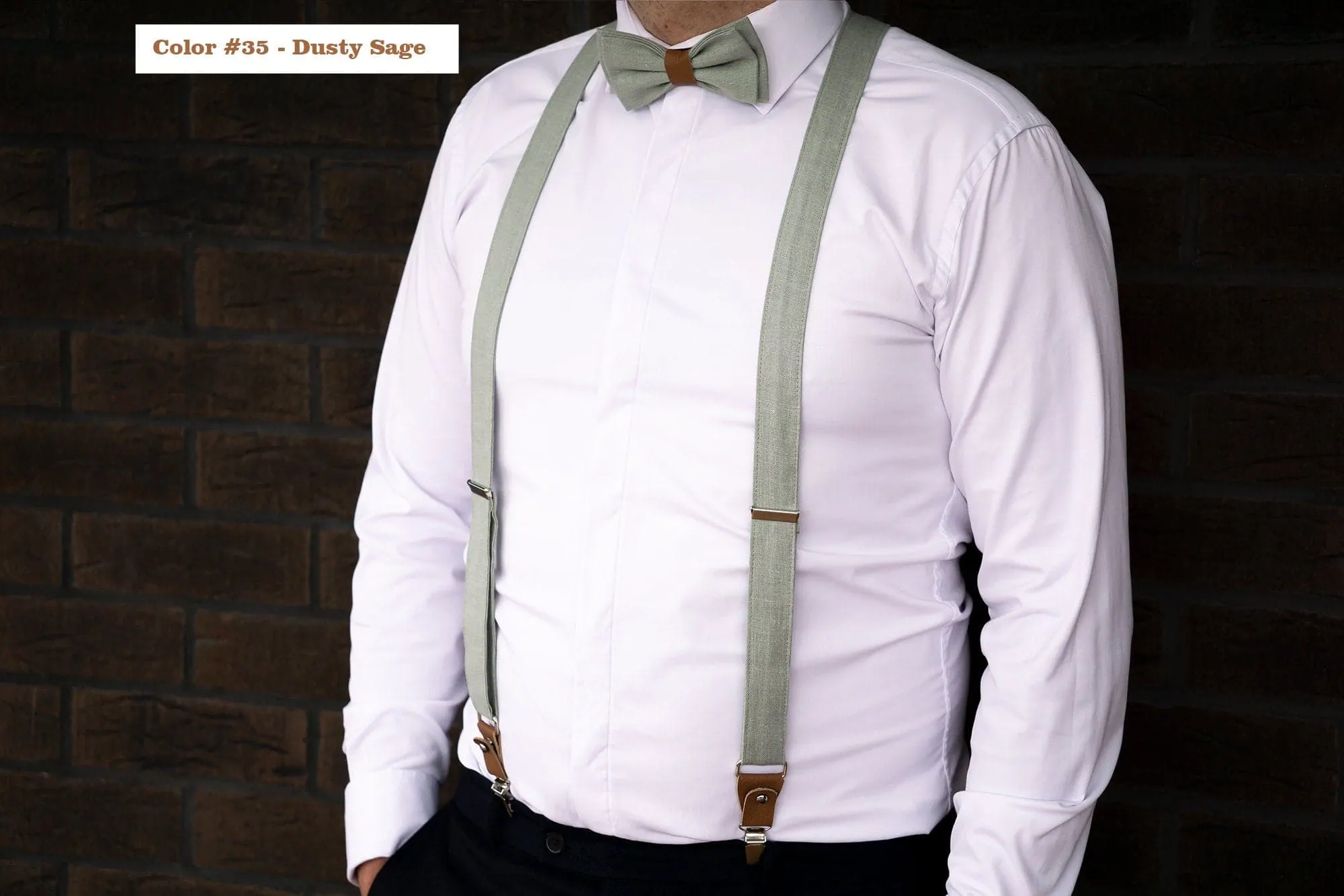 Dusty Light Sage Green Groomsmen Wedding Suspender, Bow Tie, and Matching Pocket Square Set