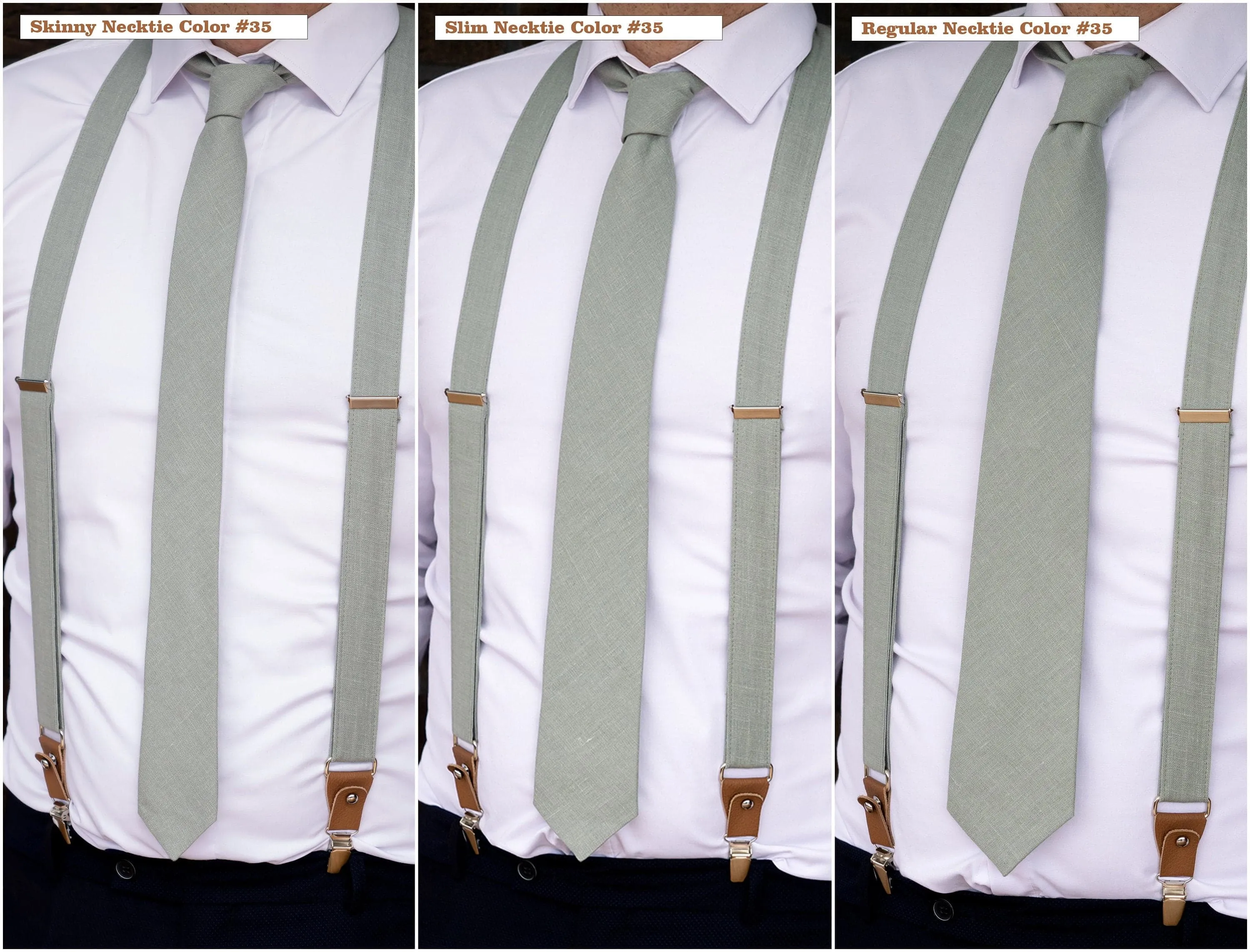 Dusty Light Sage Green Groomsmen Wedding Suspender, Bow Tie, and Matching Pocket Square Set