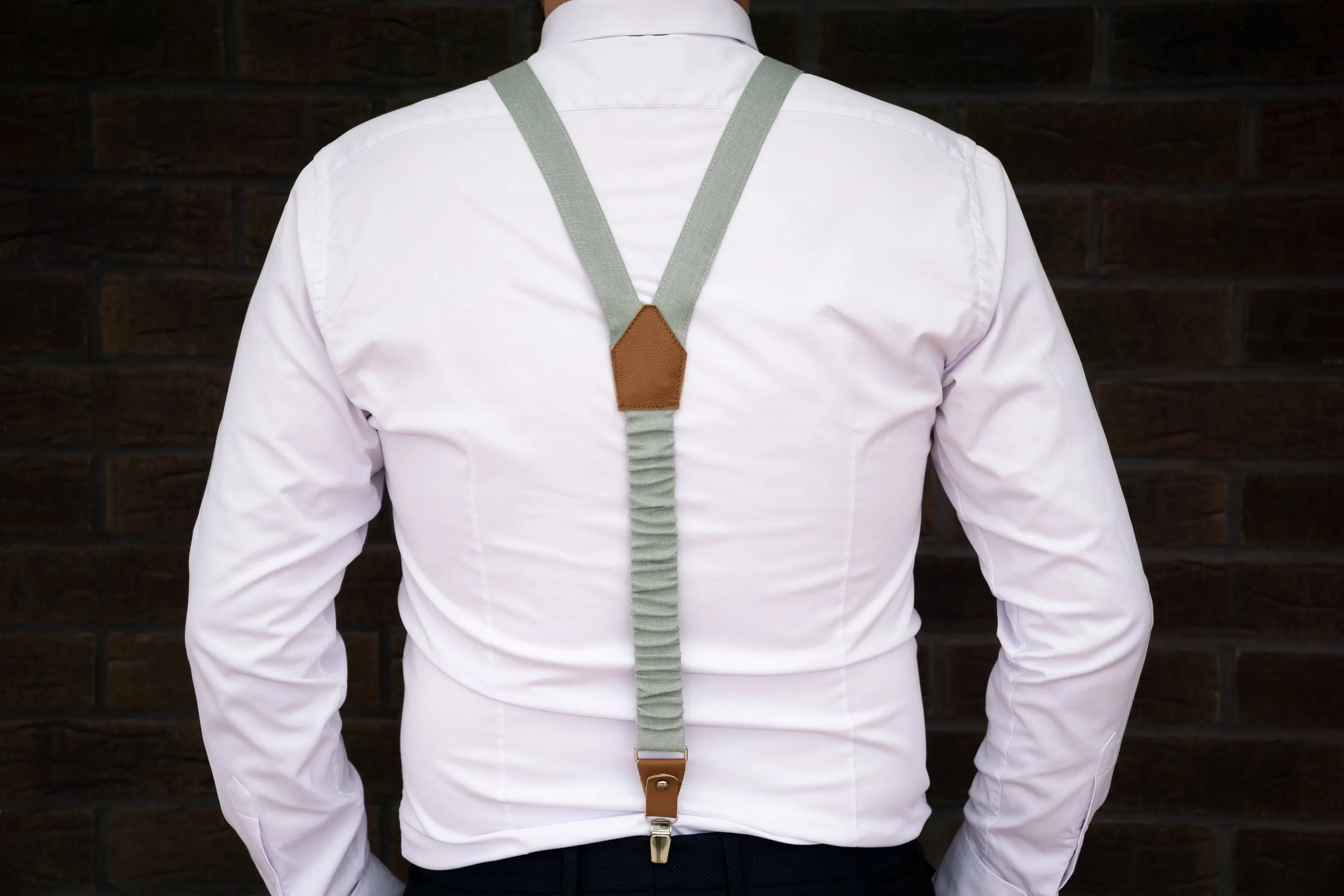 Dusty Light Sage Green Groomsmen Wedding Suspender, Bow Tie, and Matching Pocket Square Set