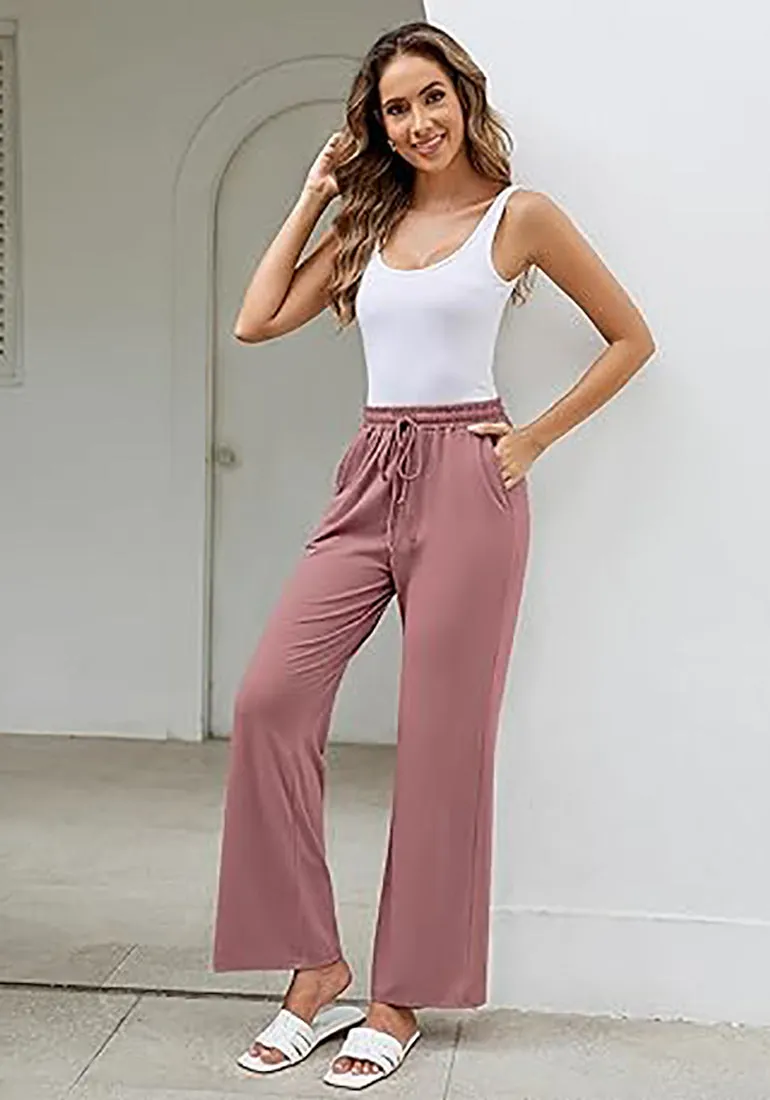 Dusty Rose Women's Casual Elastic Waist Full Length Relaxed Fit Stretch Wide Leg Pants Side Pocket