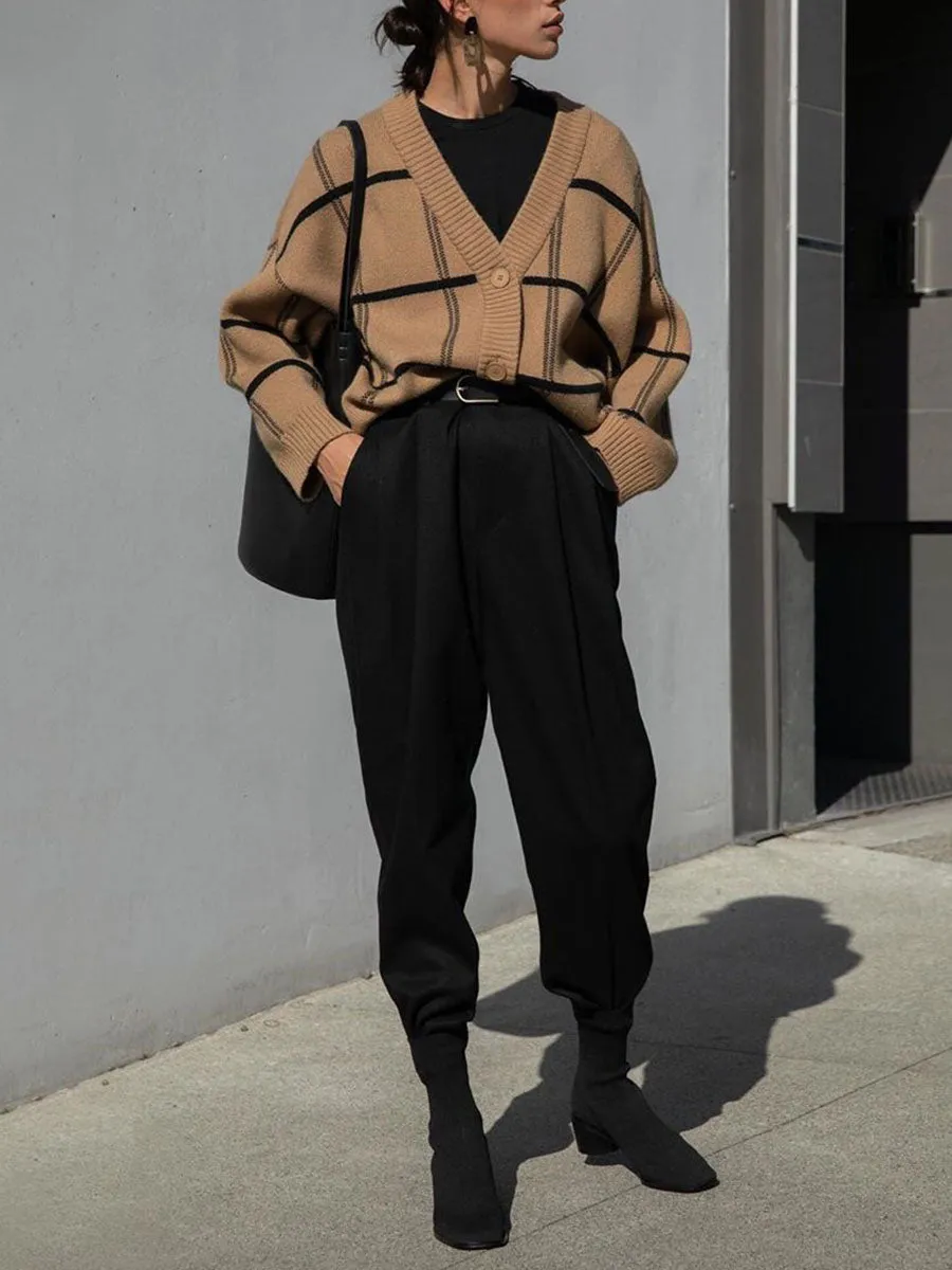 Fashion Check Sweater Casual Cardigan