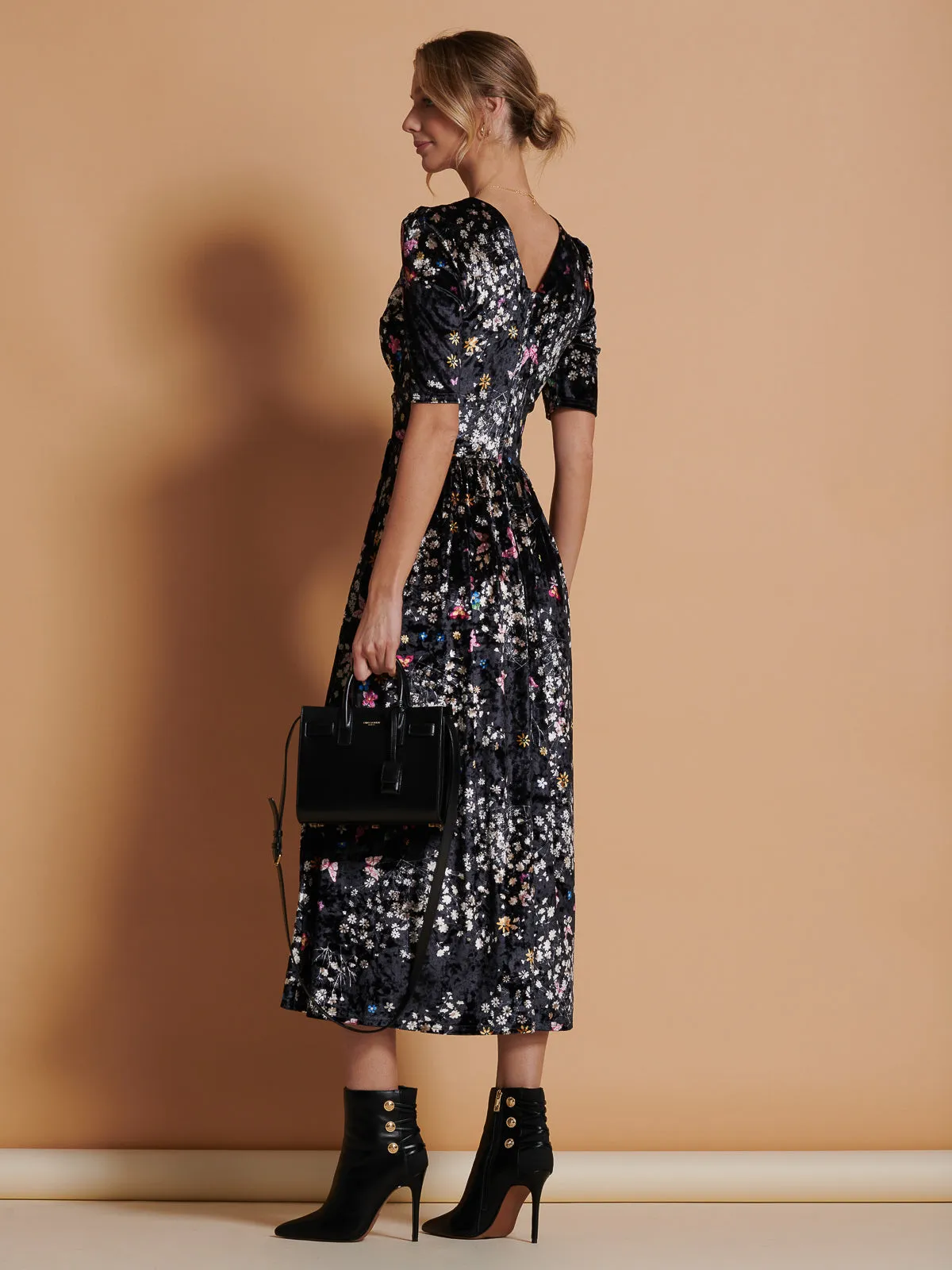 Floral Print Velvet Maxi Dress, Black Butterfly