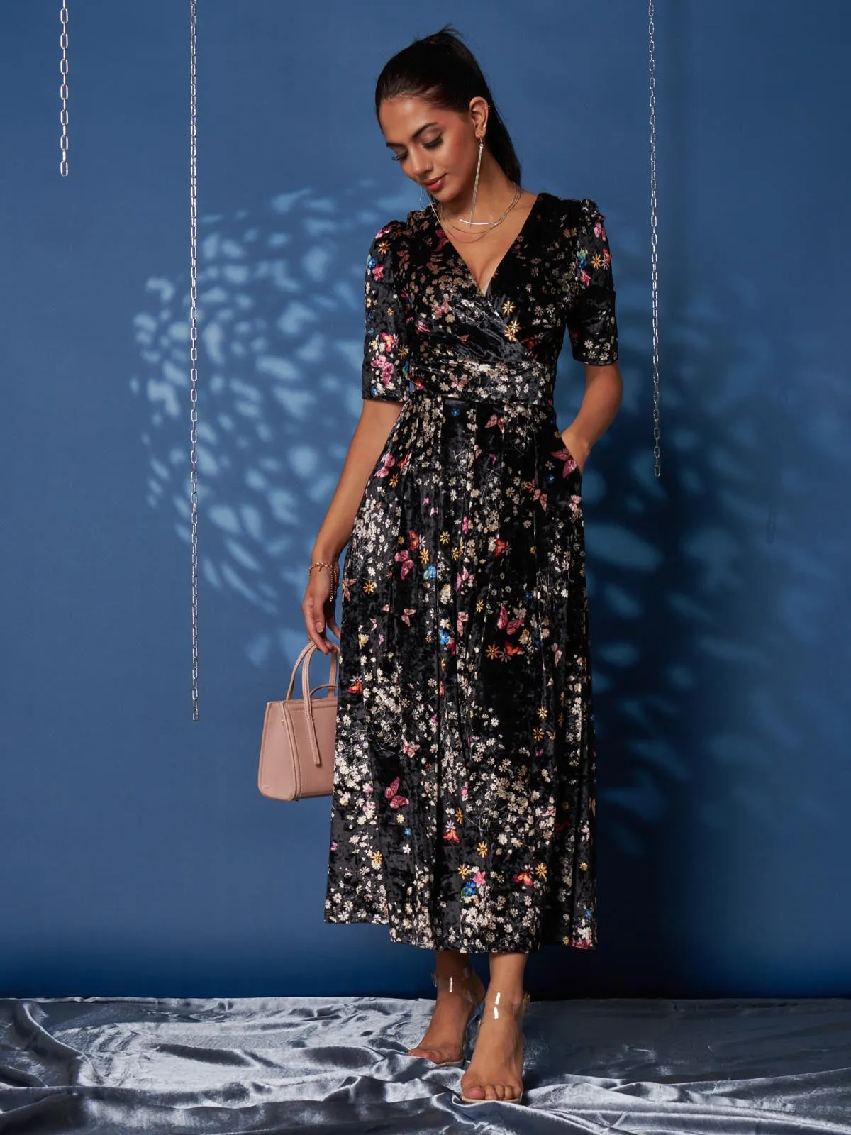 Floral Print Velvet Maxi Dress, Black Butterfly