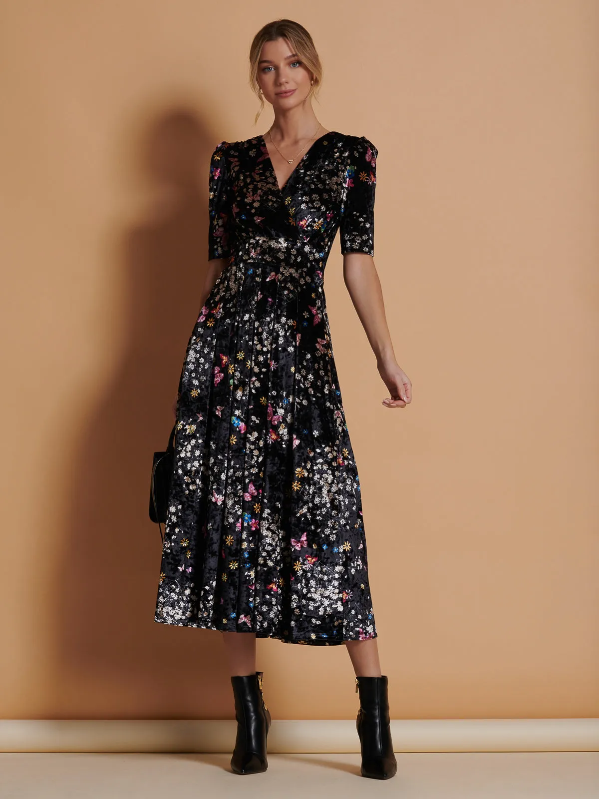 Floral Print Velvet Maxi Dress, Black Butterfly