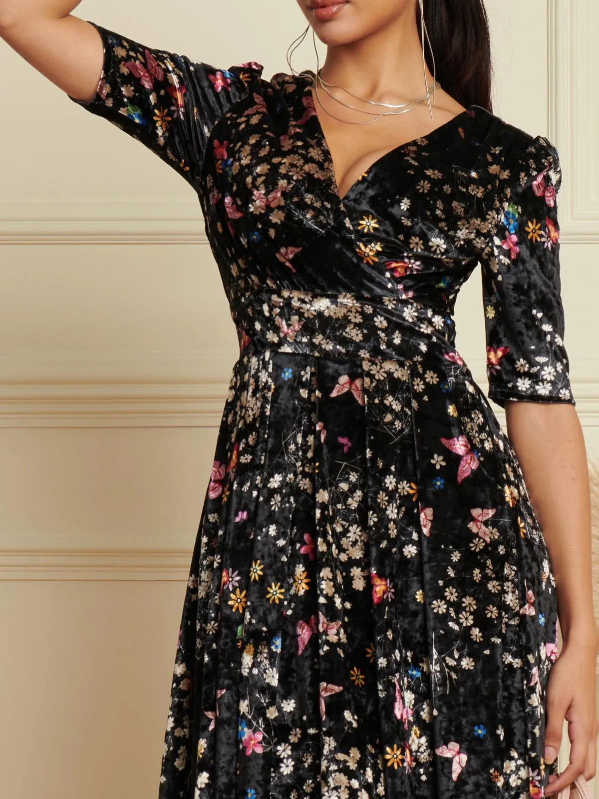 Floral Print Velvet Maxi Dress, Black Butterfly