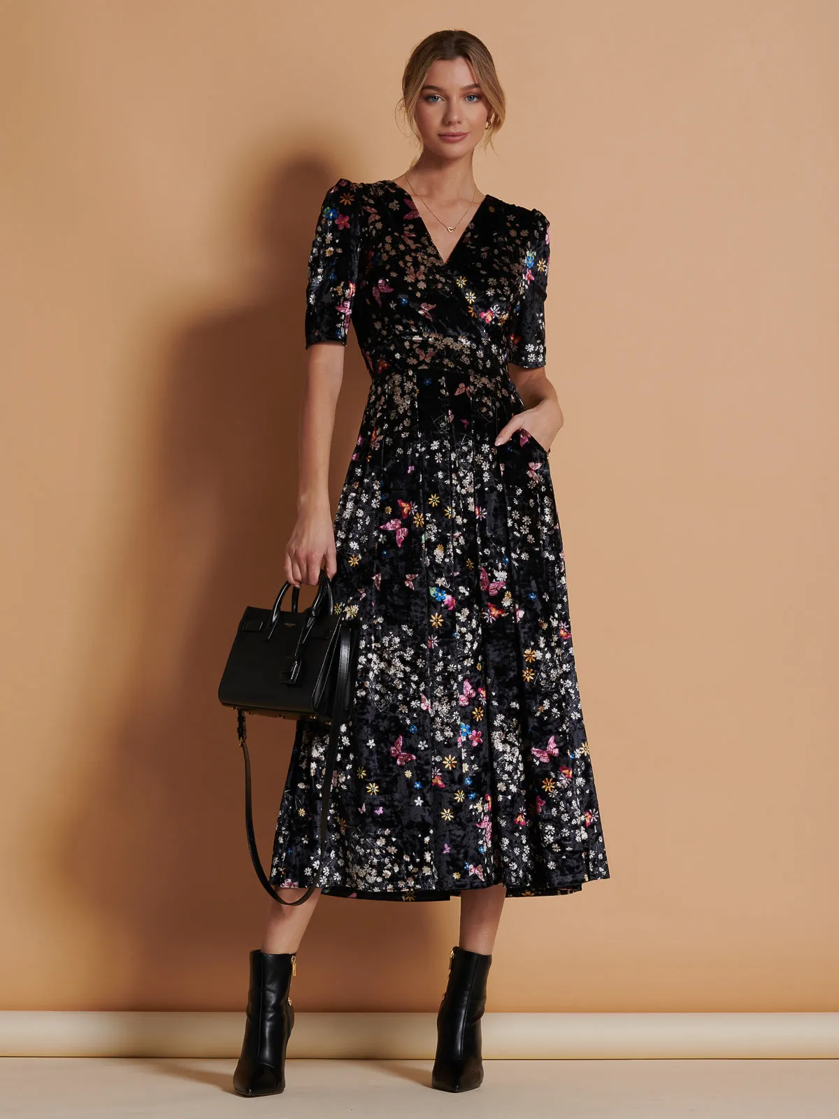 Floral Print Velvet Maxi Dress, Black Butterfly