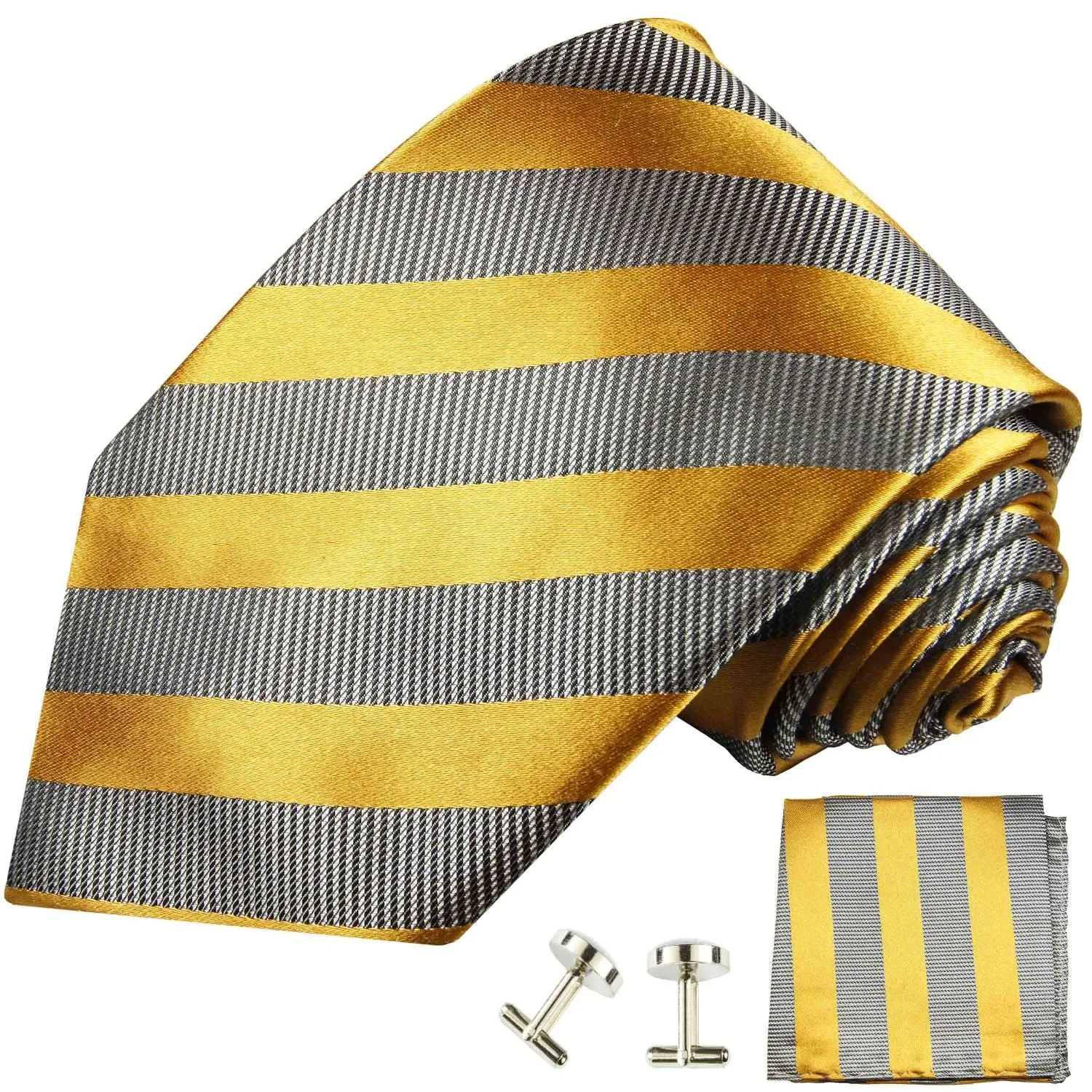 Gold and Grey Striped Silk Tie and Accessories in Silk