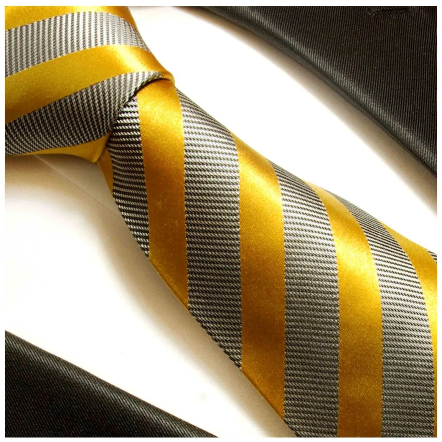 Gold and Grey Striped Silk Tie and Accessories in Silk