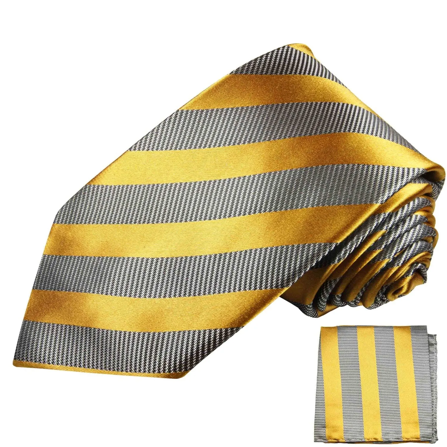 Gold and Grey Striped Silk Tie and Accessories in Silk