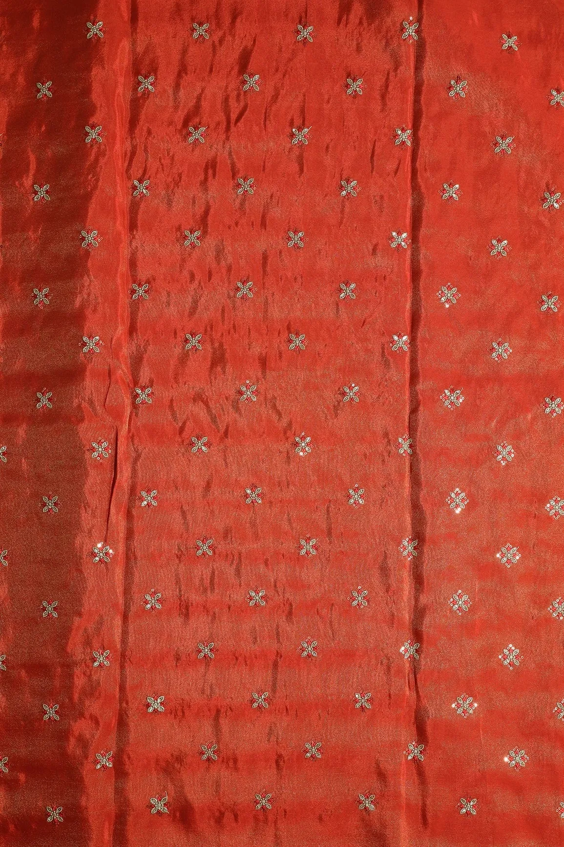 Gold Sequins And Zari Floral Booti Embroidery Work On Dark Orange Pure Viscose Zari Tissue Fabric