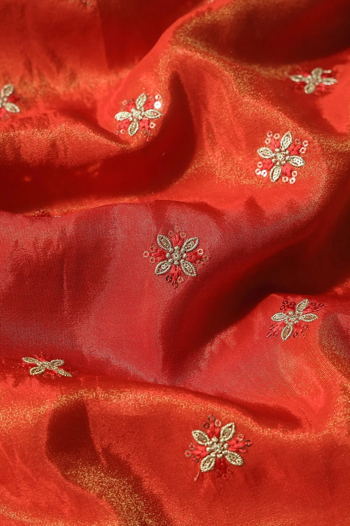 Gold Sequins And Zari Floral Booti Embroidery Work On Dark Orange Pure Viscose Zari Tissue Fabric